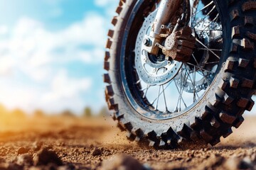 Dirt bike tire kicking up dust during an off-road adventure in a sunny landscape