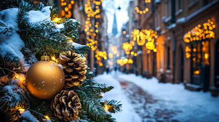 Fototapeta premium Snowy Christmas street scene with decorations.