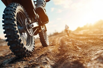 Dirt bike riders navigating a muddy trail during sunset in an outdoor adventure
