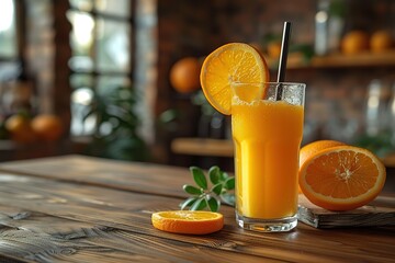 A glass of orange juice with a straw in it