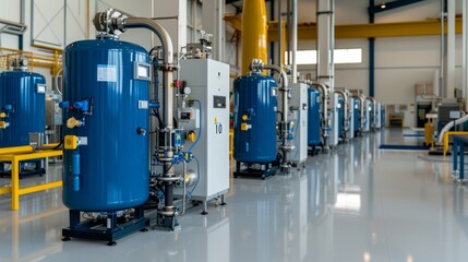 Industrial pipeline oxygen system: Complex pipelines originating from an industrial oxygen generator in a large factory hall