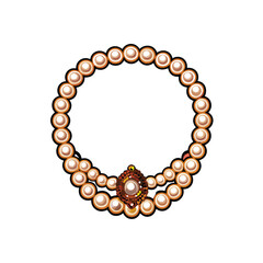 Create a detailed vector illustration of a pearl necklace, showcasing individual pearl texture and subtle light reflections.  Include a clasp detail.