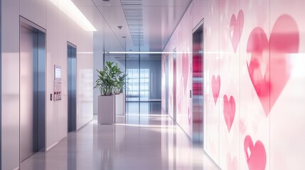 Modern red heart valentine Elevator doors of office or hotel hallway, Lobby interior, corridor in house with lift,Black elegant lift for passenger or cargo elevators,romantic and sweet,copy space.