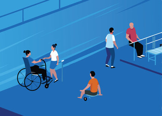 Create a detailed vector illustration of a modern rehabilitation center showcasing its facilities therapy rooms, gym, outdoor spaces.  Include architectural details and a welcoming atmosphere.