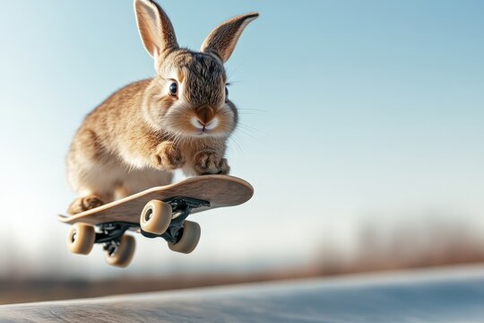 Cute rabbit performing tricks on a skateboard during a sunny day at a skatepark