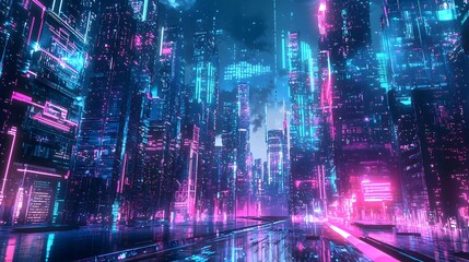 Futuristic Urban Landscape with Neon Lighting and Digital Accents