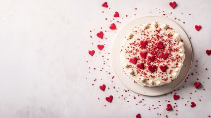 Beautifully decorated cake with heart confetti, perfect Valentine's Day detail. Valentine's Day