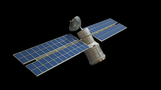Animation of satellite with solar panels and communication dish on black background fully isolated with alpha channel