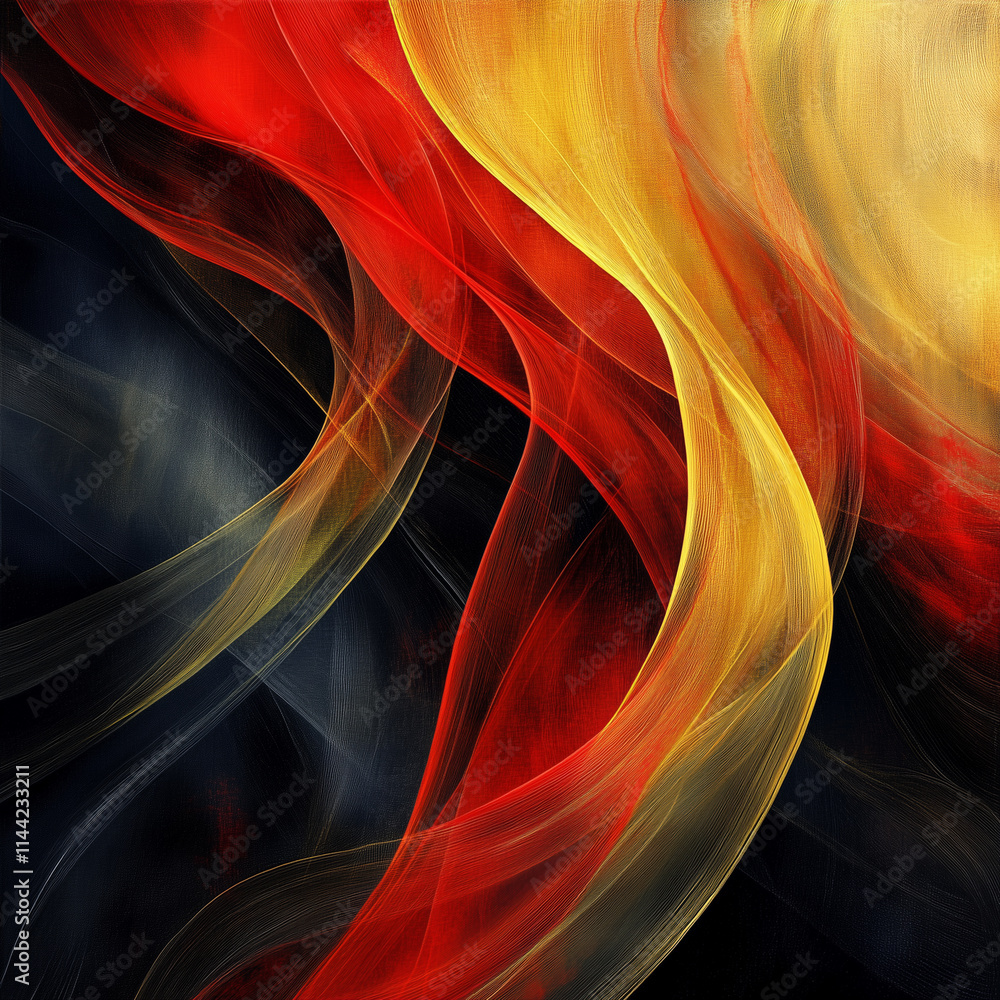 Aufkleber flowing curves create a vibrant abstract composition with striking red and yellow contrasts against 