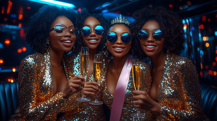 Vier junge Frauen feiern Junggesselinenabschied in einer Limousine
