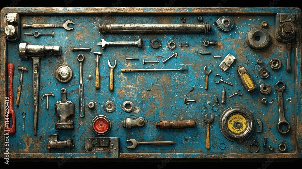 Poster a collection of various tools on a weathered surface.