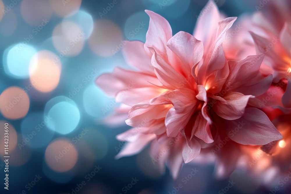 Poster delicate pink flowers illuminated by soft bokeh lights create a dreamy atmosphere in a serene settin