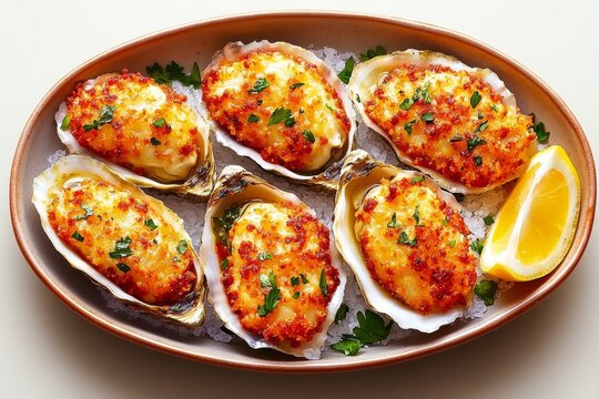 Vista superior de un plato hiperrrealista con ostras gratinadas y rodaja de lim&oacute;n en una fuente sobre hielo