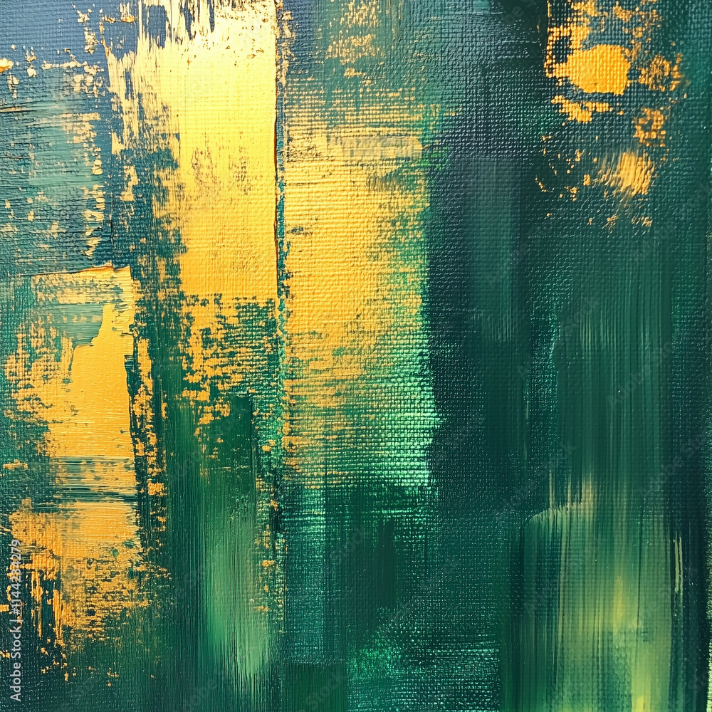 Poster deep green and gold paint strokes create a vibrant abstract texture in modern art display in a galle