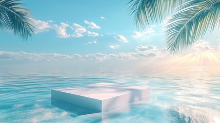 Obraz premium 3d background product display podium scene with leaf geometric platform,cloud and sky, palm shadows and white stone podium,Mockup for eco beauty cosmetic advertising,Copy space.