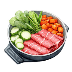Traditional Korean Hot Pot Ingredients in Watercolor Style