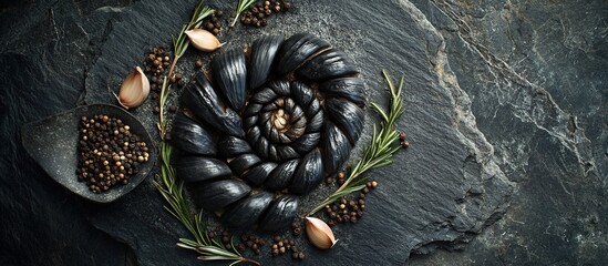 Spiral of black garlic cloves with peppercorns and rosemary on slate.