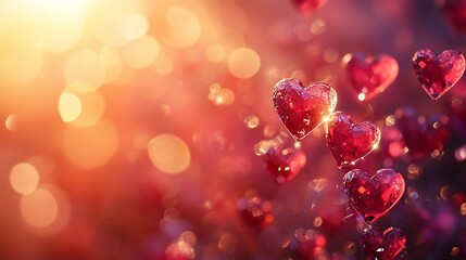 Obraz premium Red glass hearts floating in sunset light.