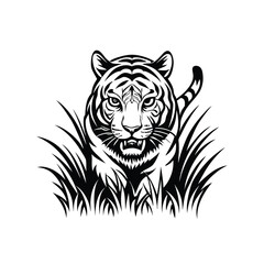A majestic Bengal tiger, eyes gleaming, stealthily stalks through tall, swaying savanna grass, hunting at dawn.