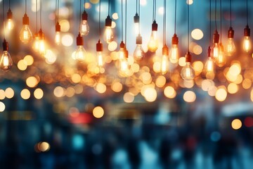 String lights illuminate a vibrant urban evening filled with lively activity and a warm atmosphere