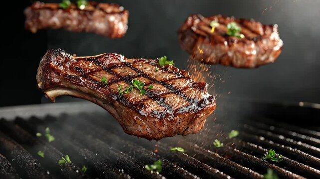 Perfectly grilled steaks sizzling on a barbecue with garnishes, highlighting culinary skill and mouthwatering presentation
