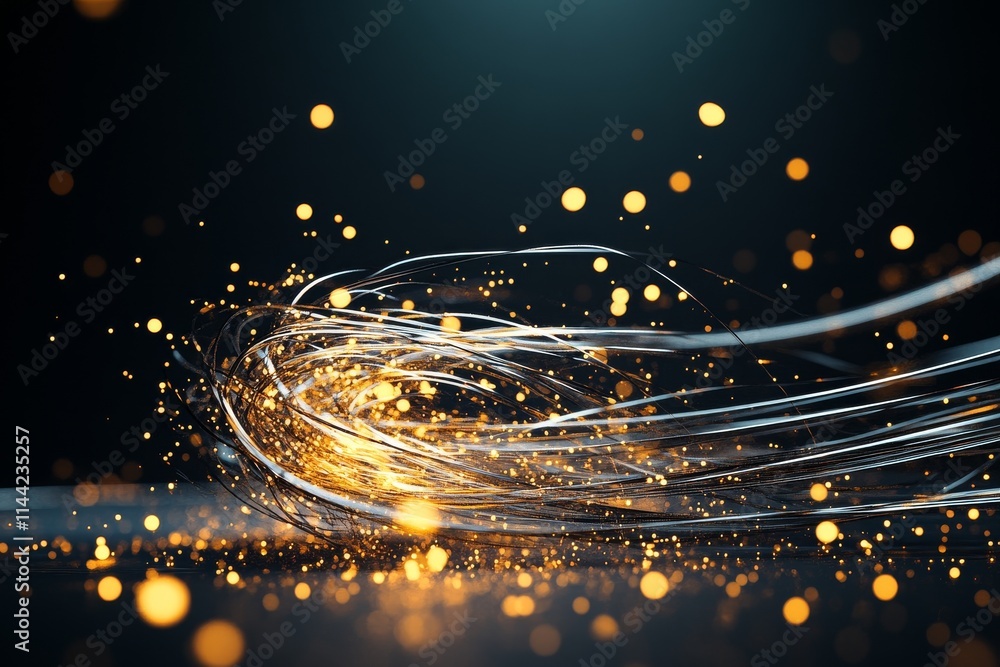 Poster swirling strands of light and golden particles creating a dynamic and vibrant display in a dark envi