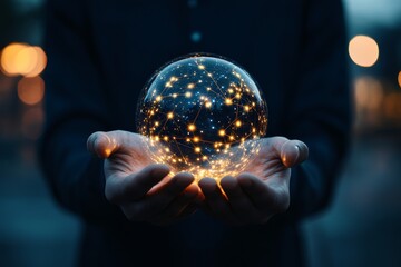 Fototapeta premium Holding a glowing orb of interconnected lights symbolizing technology and innovation at dusk