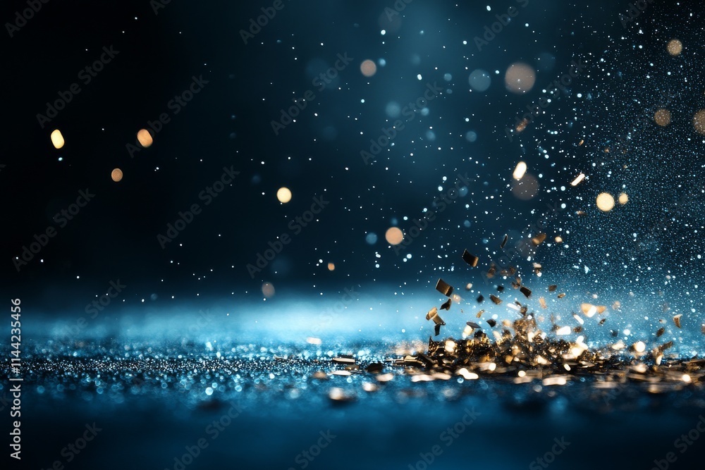 Poster sparkling particles scatter in a blue atmosphere creating a dynamic visual effect during a still mom