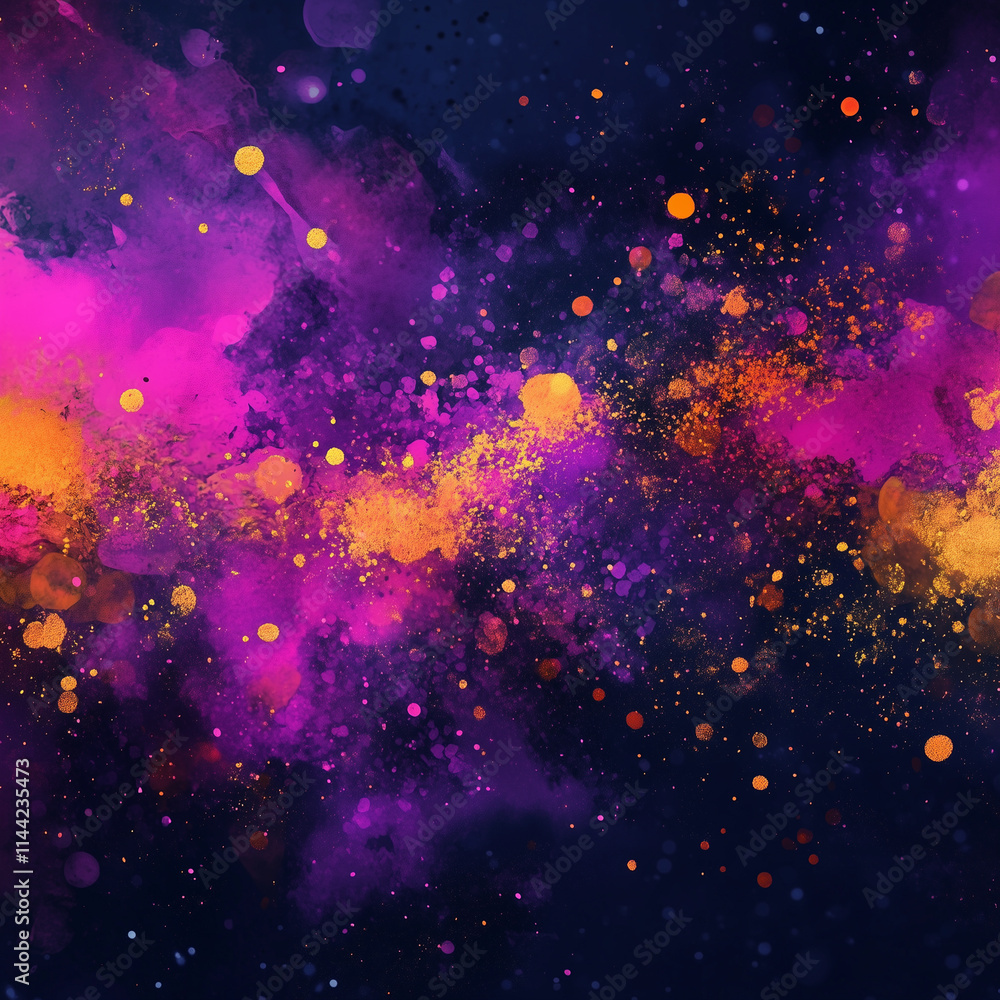 Poster vibrant splattered paint creating an abstract cosmic background in a swirl of colors