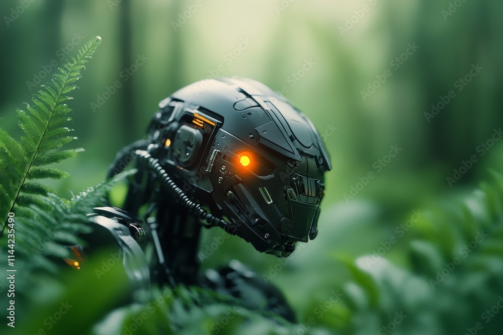 Poster robot figure emerging from dense greenery in a tranquil forest setting during early morning light