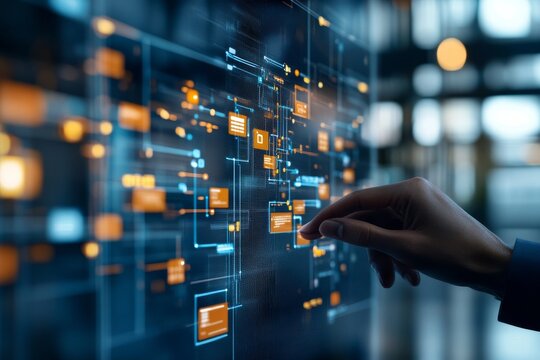 Hand interacting with digital interface displaying data visualization and technology in modern workspace