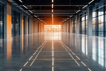 Modern interior space with reflective flooring and sunset lighting illuminating the large windows