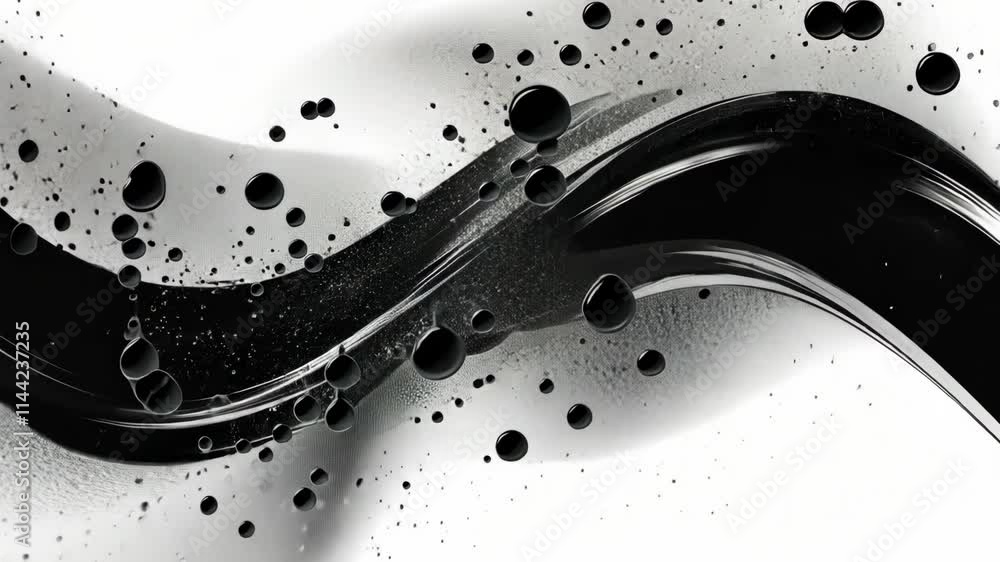 Poster abstract black and white swirl with bubbles creating a dynamic visual effect in contemporary design
