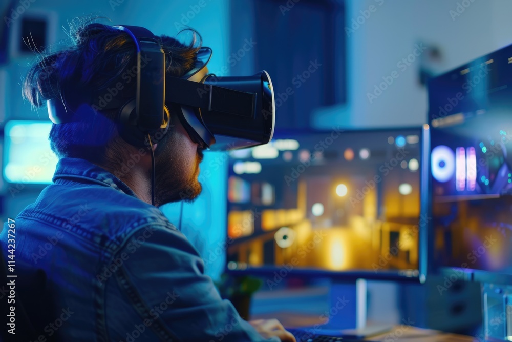 Poster modern it developer working on vr games and software.