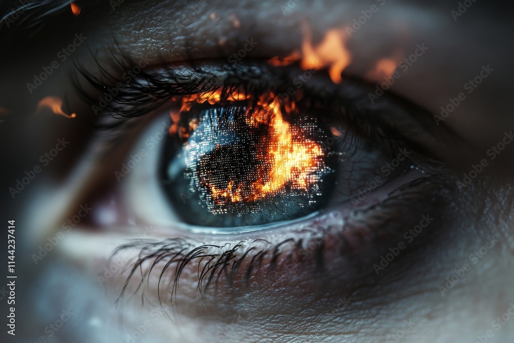 Poster eye reflects a vivid display of flames and digital elements in a striking close-up view