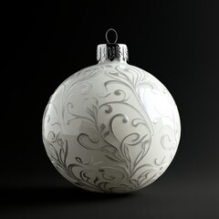 A smooth white Christmas ball with pattern, glossy finish, placed against a pure black background