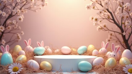 Obraz premium Abstract Easter empty scene with colorful eggs on a gradient background. Template for advertising and shopping in pastel colors. Platform for product display. Design for card, poster with copy space