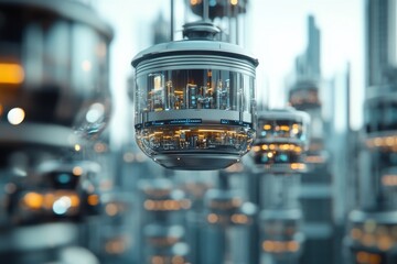 Futuristic transport pods gliding through a vibrant city skyline filled with skyscrapers during twilight