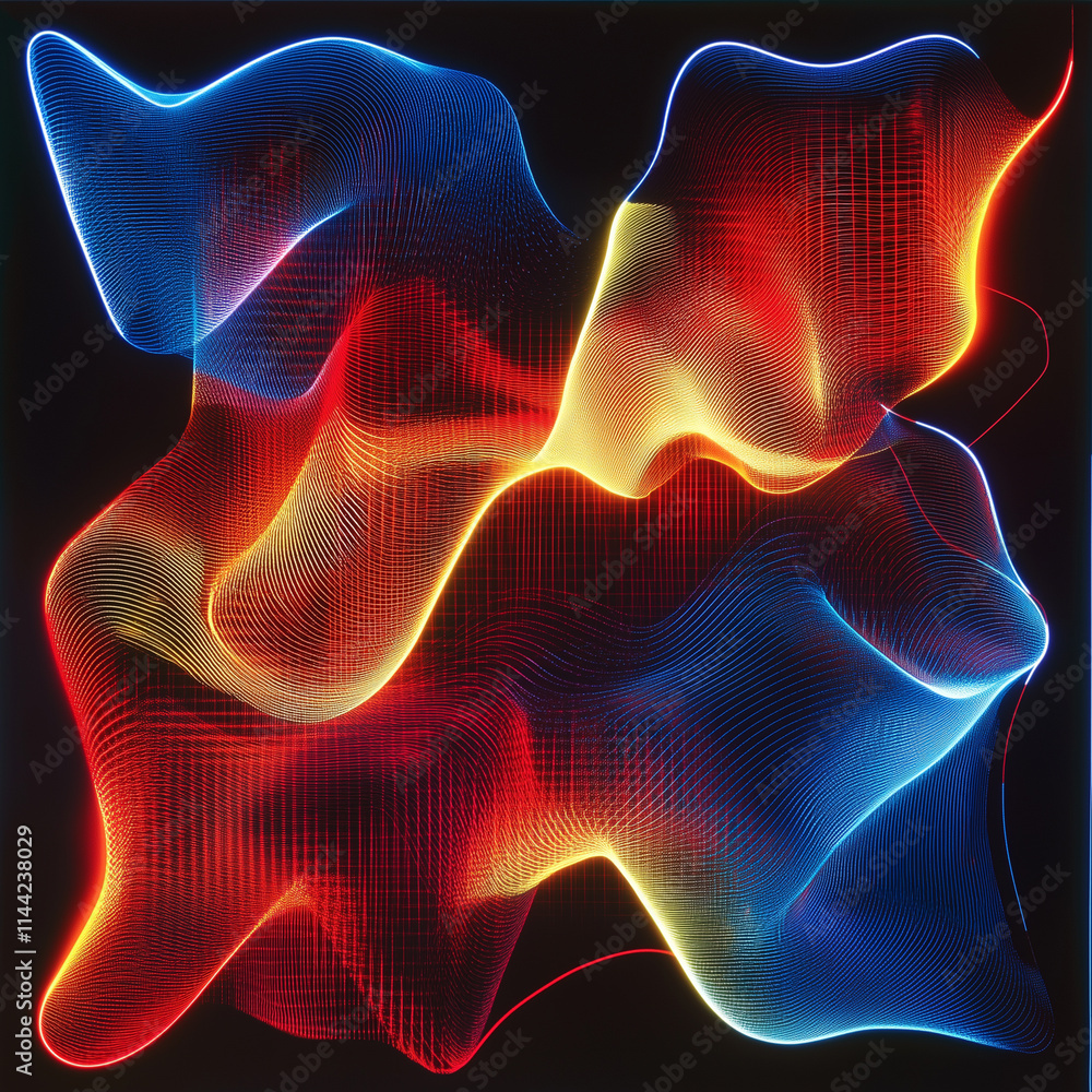 Poster neon-colored abstract geometric shapes create a vibrant visual experience in a dark background with 