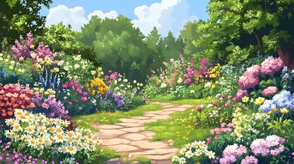 lovely spring garden filled with blooming flowers and greenery, ideal for nature-themed projects.