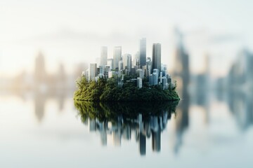 Naklejka premium City skyline emerging from lush greenery on an island at sunrise with reflections in calm water