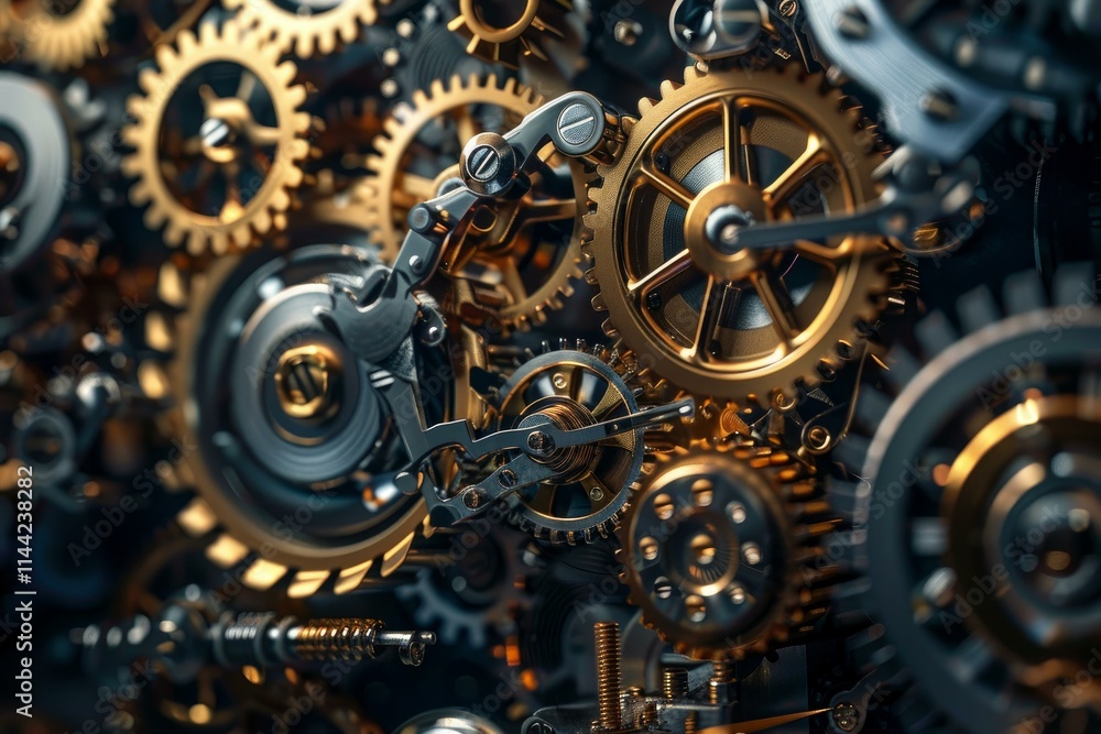 Poster close up view of a group of interlocking golden and metallic cogwheels, showcasing the complexity an