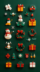 3D Christmas Icon Set: Adorable Gift Boxes, Snowman, Festive Wreath, Calendar, and More in Vibrant Colors on Dark Green Background - Cute and Colorful Holiday Designs Perfect for Your Projects