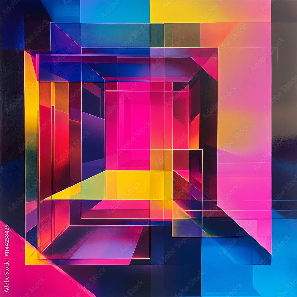 Aufkleber vivid geometric design with electric pink and blue blocks creating a mesmerizing depth effect in an 