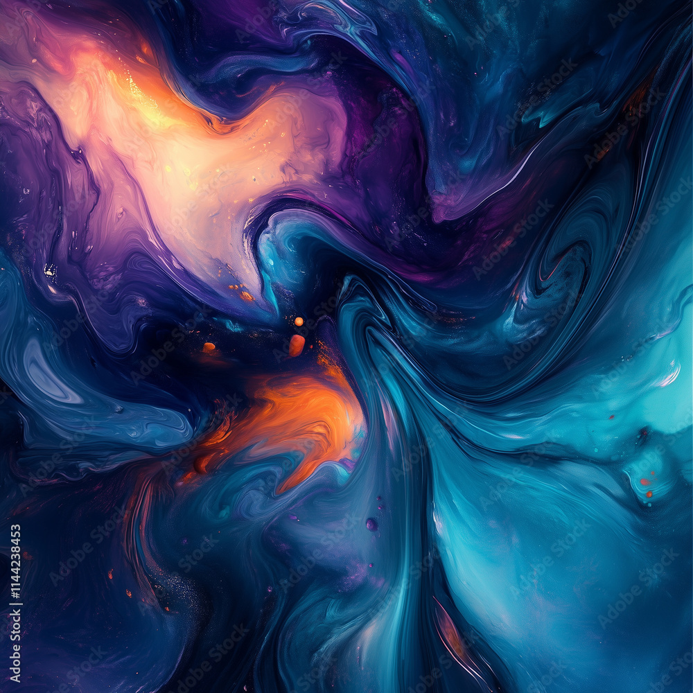 Poster rich turquoise and purple paint swirling together in an abstract flow, creating dynamic patterns and