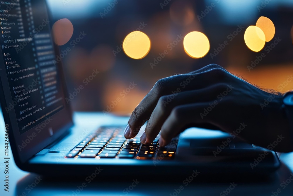 Poster hands typing on a laptop in a dimly lit environment, creating code and engaged in focused work