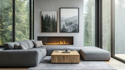 Minimalist rustic interior design of modern living room with fireplace. Gray corner sofa and wooden table.