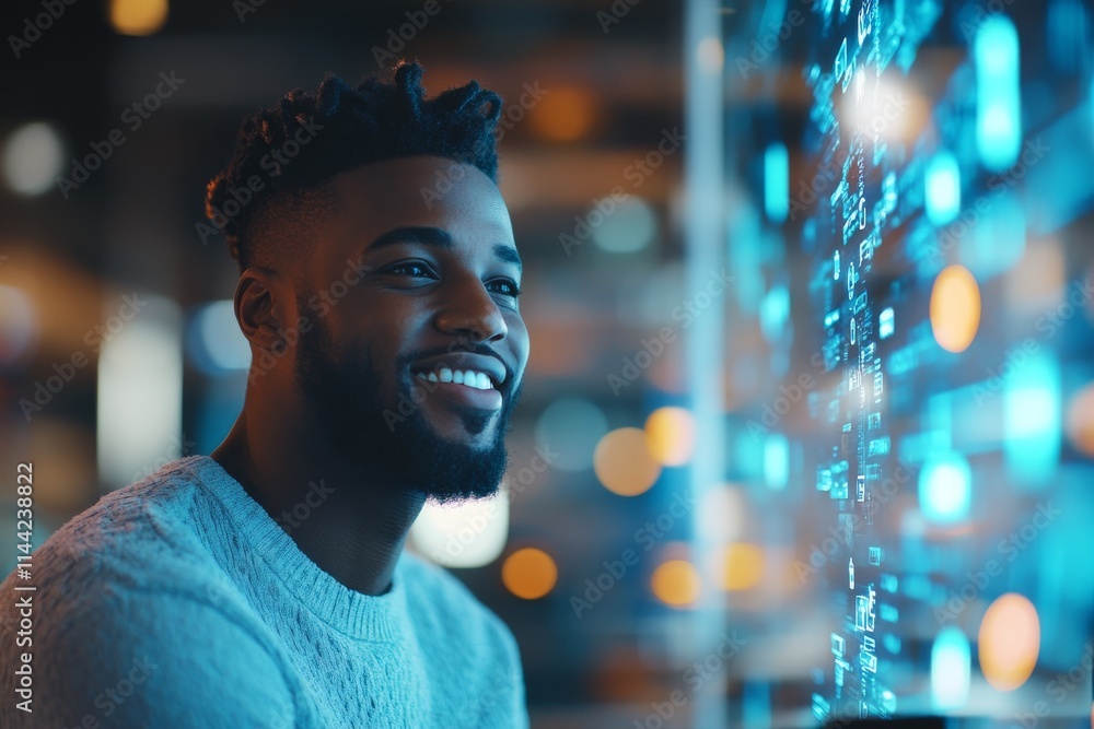 Poster smiling man engaged with technology in a modern workspace during the evening hours