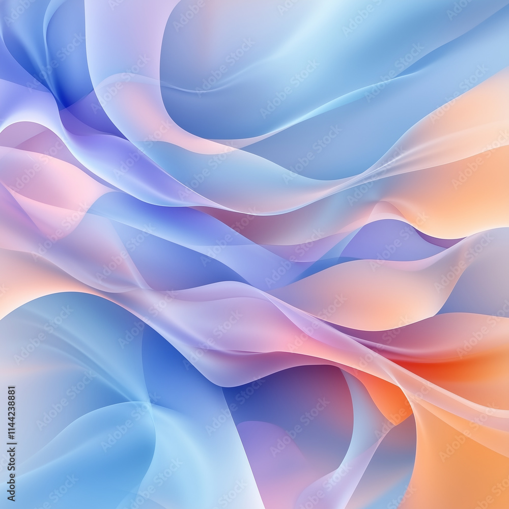 Poster curved pastel waves blend shades of blue and peach creating a soothing visual experience of soft col