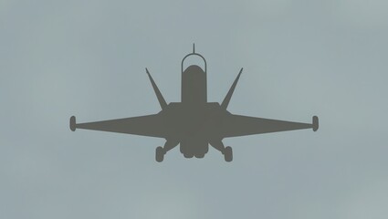 Fototapeta premium Silhouette of fighter jet flying through overcast sky, showcasing streamlined design and military strength.